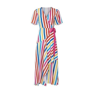 Taira Colorful Stripe Short Sleeve Tie Wrap Midi Layered Dress Women's Sz XS